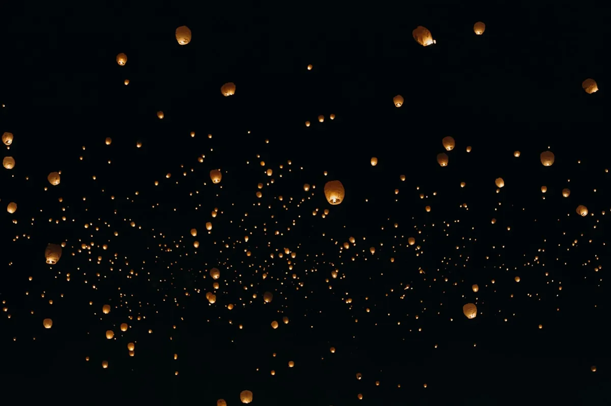 夜空中缓缓升起的橙色天灯